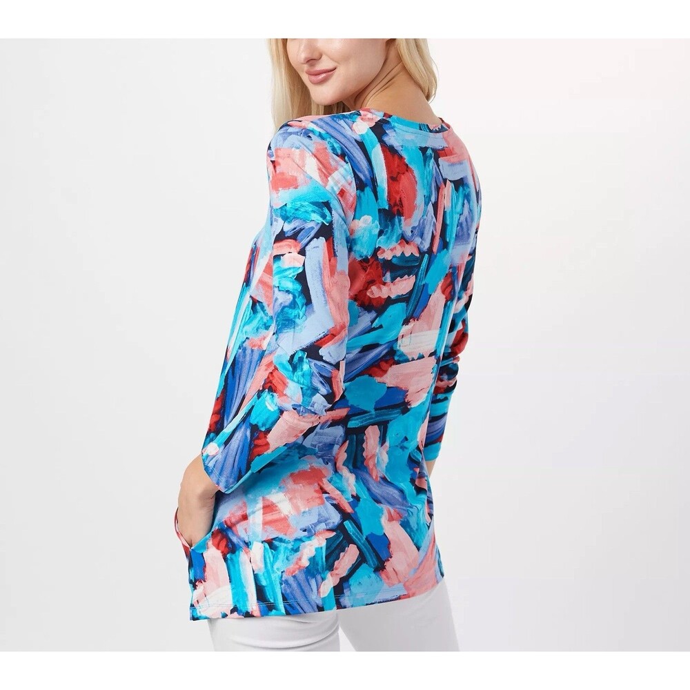 LOGO Lori Goldstein 3X Abstract Print Tunic Top Blue Coral Long Sleeve Artsy